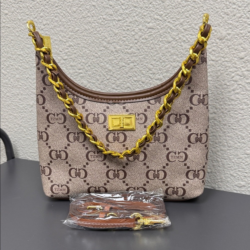 Brown Patterned Shoulder Bag with Gold Chain